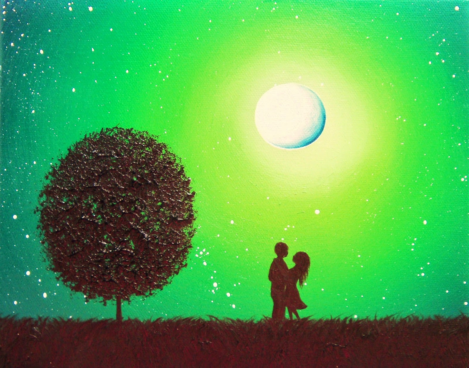 1600x1255 Original Oil Painting Nightscape, Silhouette Couple Love Art - Landscape Silhouette Painting