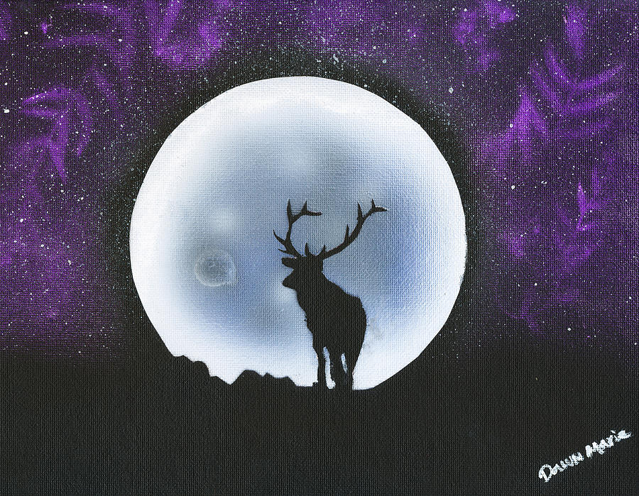 900x699 Silhouette Elk In Moon Painting By Dawn Marie Black - Landscape Silhouette Painting