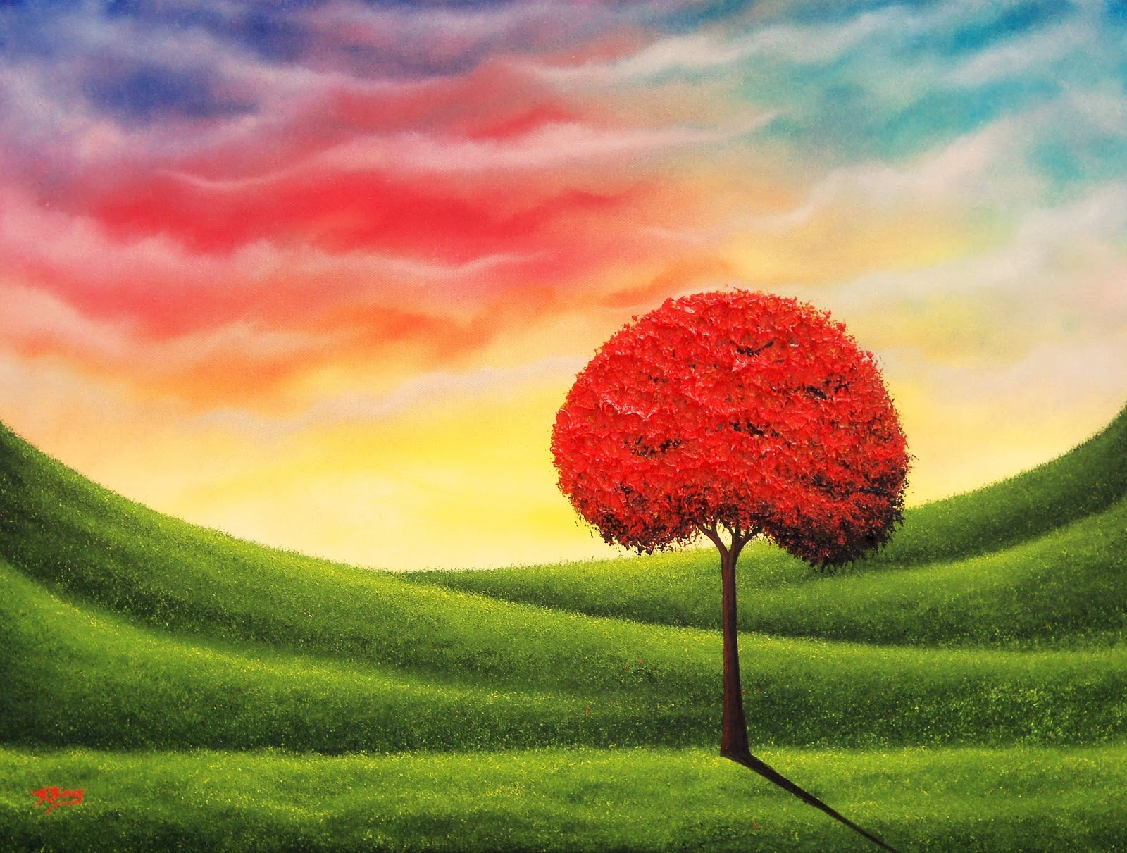 1600x1211 Red Tree Landscape Painting, Sunset Sky Landscape Art, 18 X 24 - Landscaping Painting Pictures