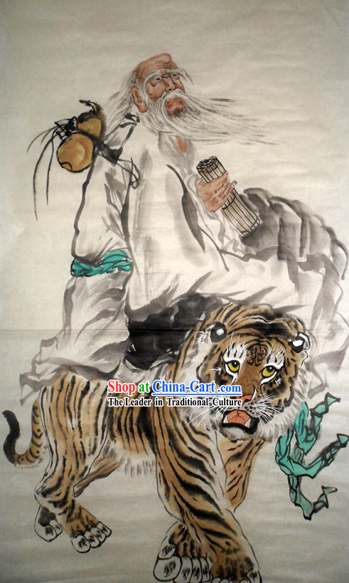 491x819 Traditional Chinese Painting Lao Tzu And Tiger By Yan Sheng - Lao Tzu Painting