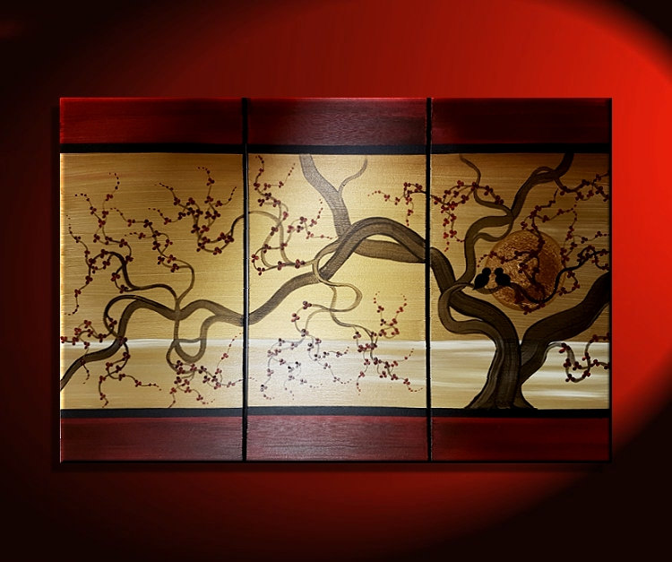 750x627 Large Acrylic Painting Love Birds In Cherry Blossom Tree Burgundy - Large Acrylic Painting