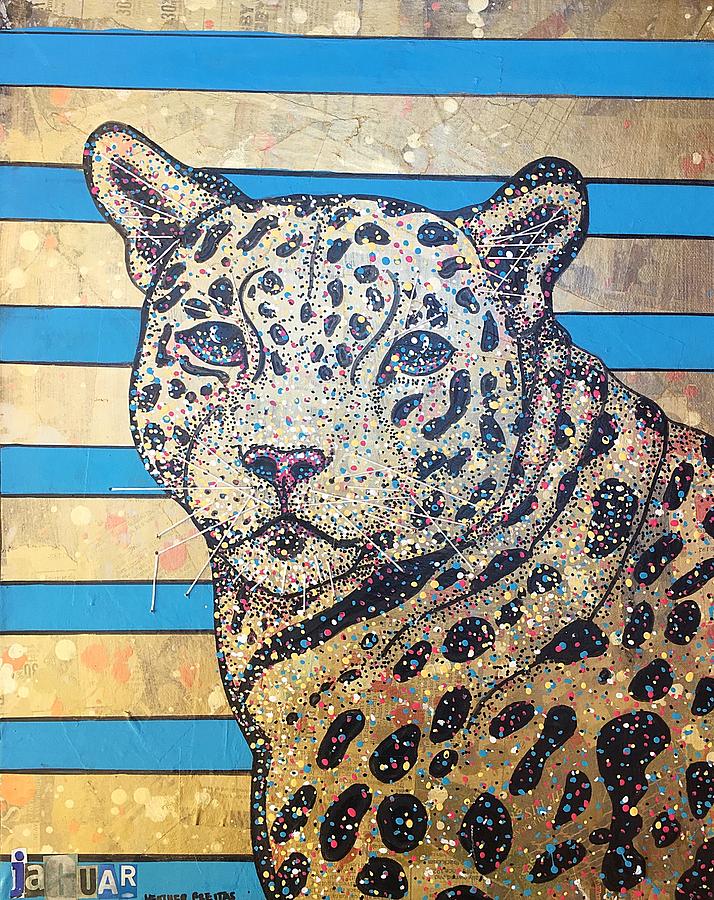 714x900 Gold Terquoise Jaguar Large Cat Eco Art Vintage Painting Painting - Large Cat Painting