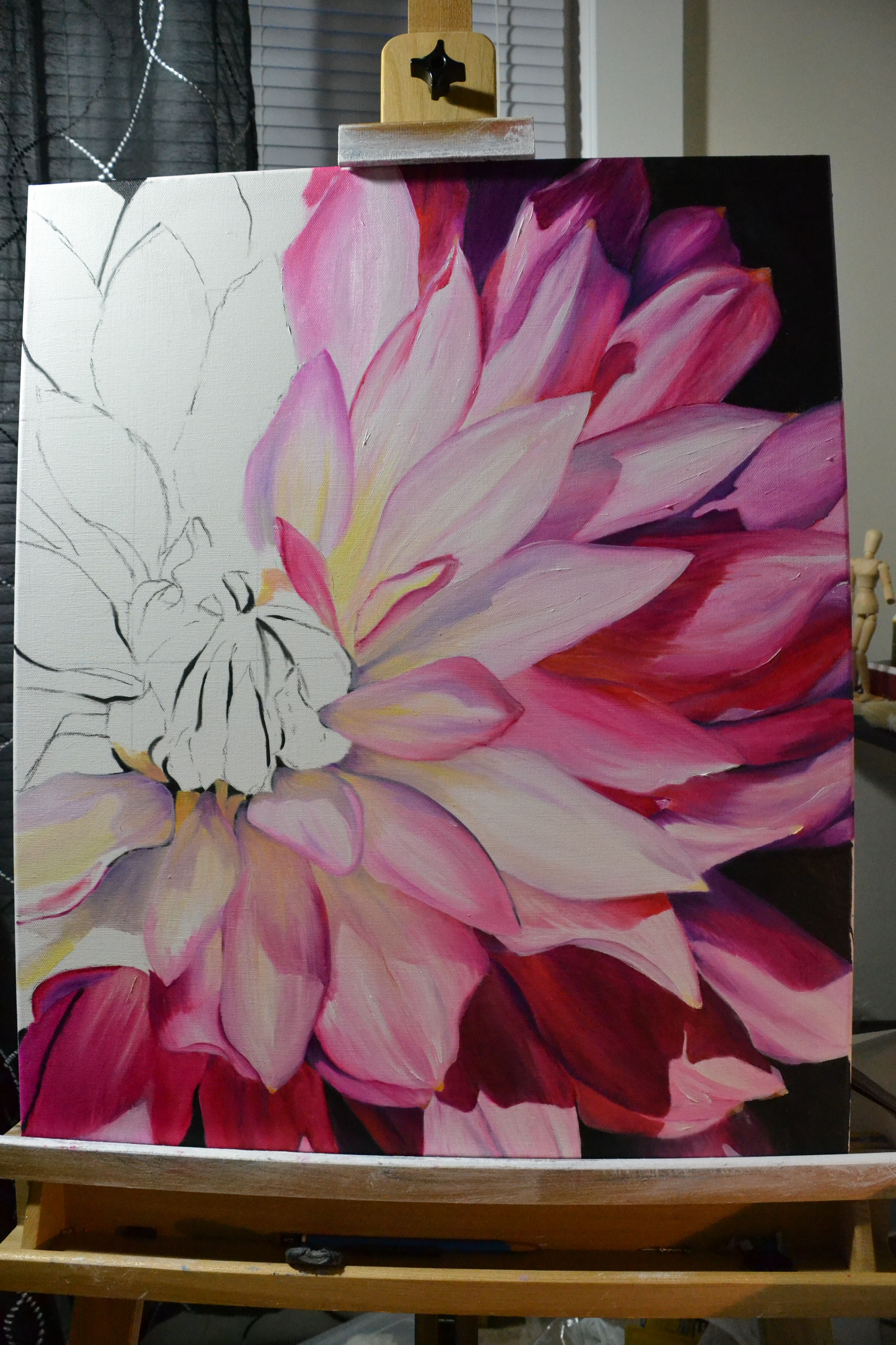 3072x4608 Dahlia Half Done, Oil Painting, Pink And Yellow, Large Flower - Large Flower Painting