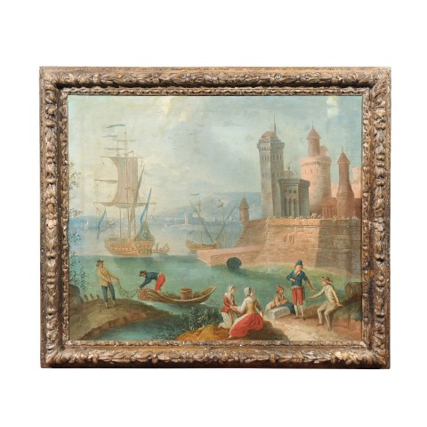 480x480 Large Framed Oil On Canvas Harbor Painting, Ca 1800 William Word - Large Framed Painting