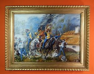 300x237 Vintage Signed Kuskowski Oil On Canvas Large Framed Battle Scene - Large Framed Painting