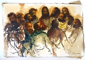 300x209 Original Last Supper Painting Antique Vintage Oil Jesus Religious - Large Last Supper Painting