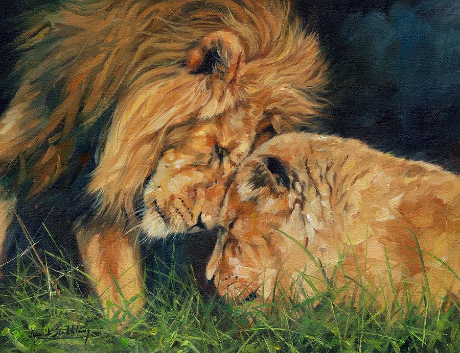 900x692 Lion Love Painting By David Stribbling - Large Lion Painting