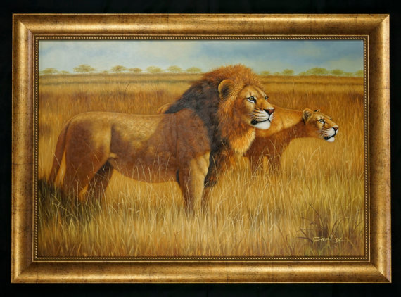 570x422 Vintage Lions Painting By Carly Safari Art Large Size Painting - Large Lion Painting