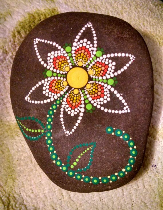 570x734 Hand Painted Dot Art Flower ~ Large Painted Beach Stone Colorful - Large Mandala Painting