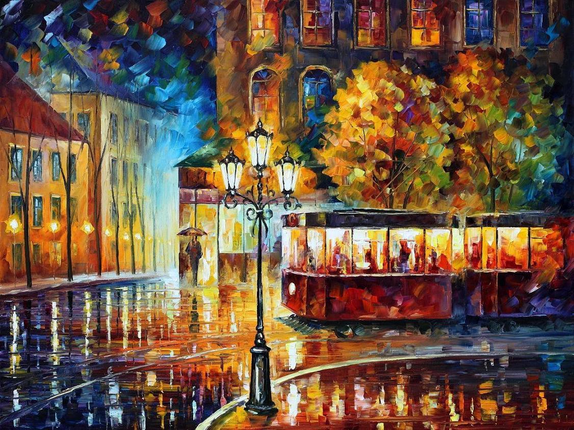 1126x843 Night Trolley Palette Knife Large Oil Painting On Canvas By - Large Oil Painting