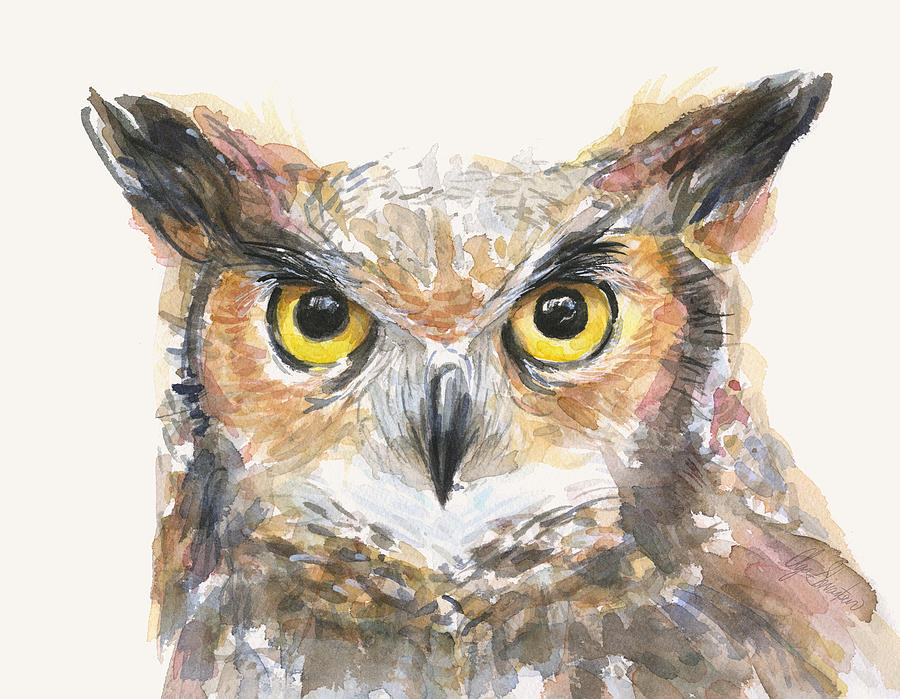 900x699 Great Horned Owl Watercolor Painting By Olga Shvartsur - Large Owl Painting