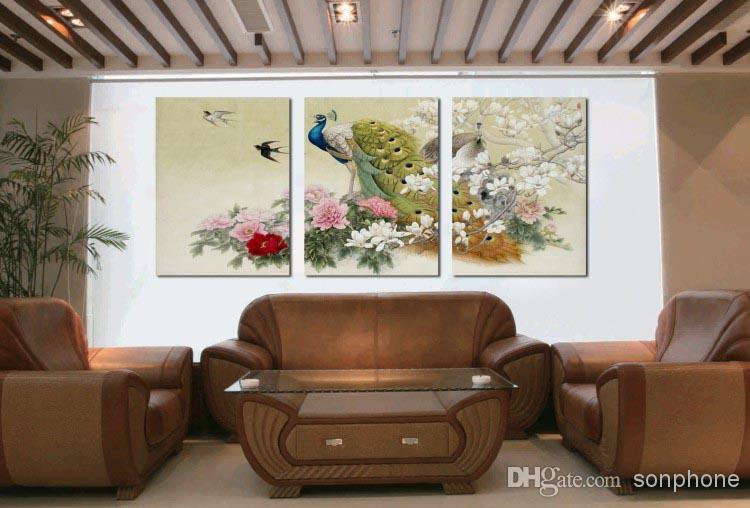 750x508 2018 Framed 3 Panel Large Peacock Wall Art Chinese Style Oil - Large Peacock Painting