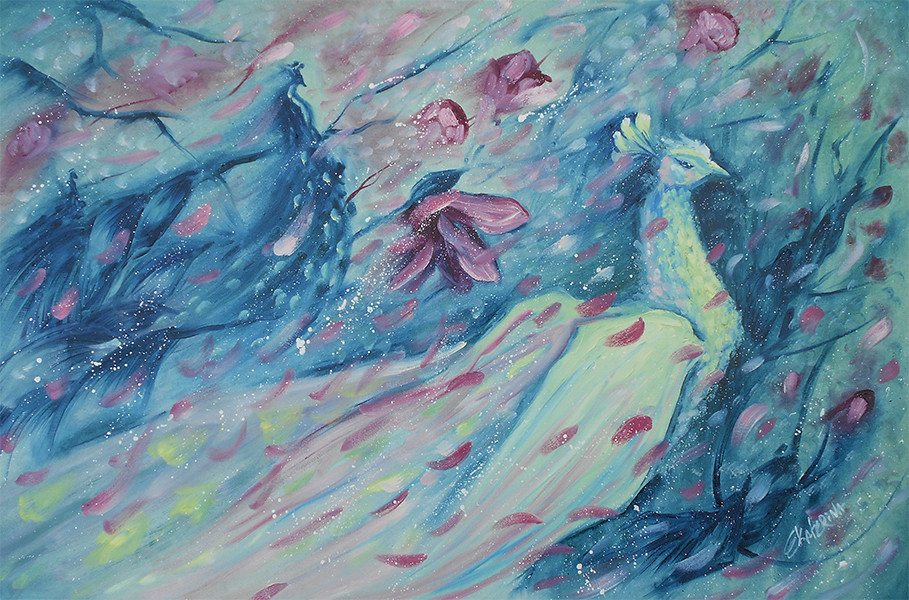 909x600 Large Peacock Painting Bird Artwork In Dusk Blue Ekaterina - Large Peacock Painting