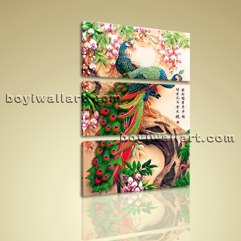 1000x1000 Large Vertical Feng Shui Wall Art On Canvas Peacock Painting - Large Peacock Painting