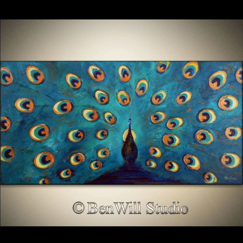 800x800 Peacock Painting Original Large Colorful Modern Art Yellow - Large Peacock Painting