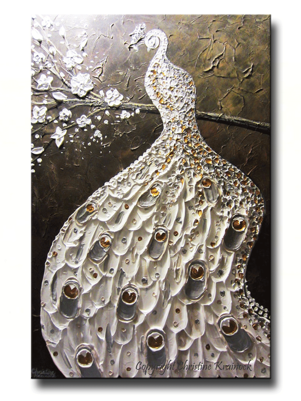 1024x1365 Custom Abstract Peacock Painting White Silver Gold Textured Cherry - Large Peacock Painting