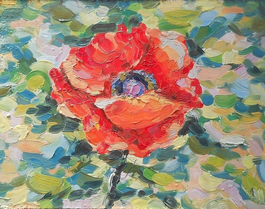 900x709 Poppy Under Sun On Field Turquoise Red Oil Painting Flower Meadow - Large Poppy Painting