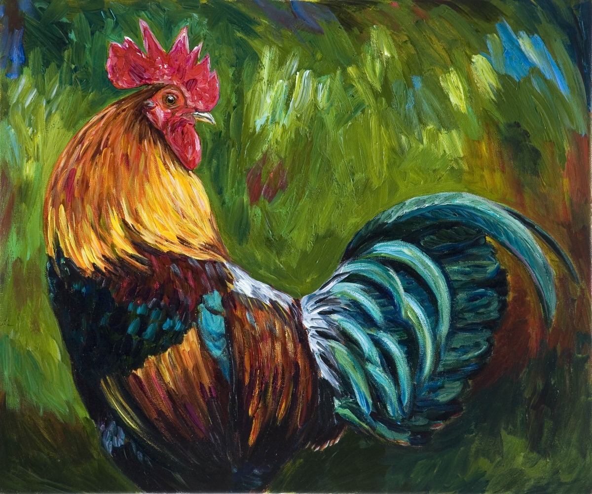 1200x1001 Painting Rooster Looking Back (Original Art By Maria Reyes Jones) - Large Rooster Painting