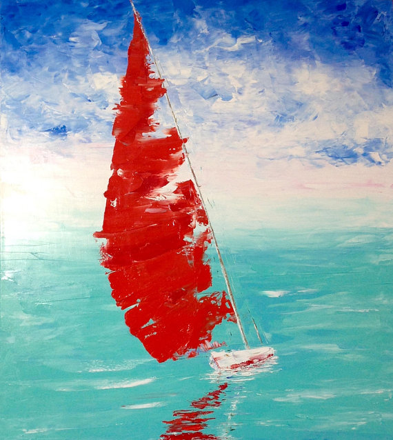570x638 Large Boat Painting Turquoise And Red Painting Impressionism Red - Large Sailboat Painting