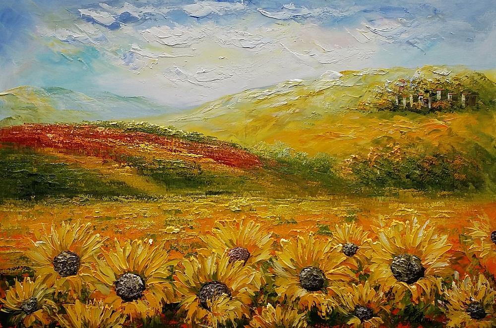 1000x661 Sunflower Painting, Large Wall Art, Landscape Painting, Flower - Large Sunflower Painting