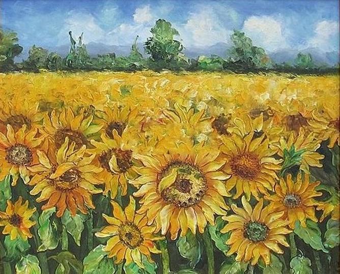 668x539 Flower Field, Canvas Painting, Landscape Painting, Wall Art, Large - Large Sunflower Painting