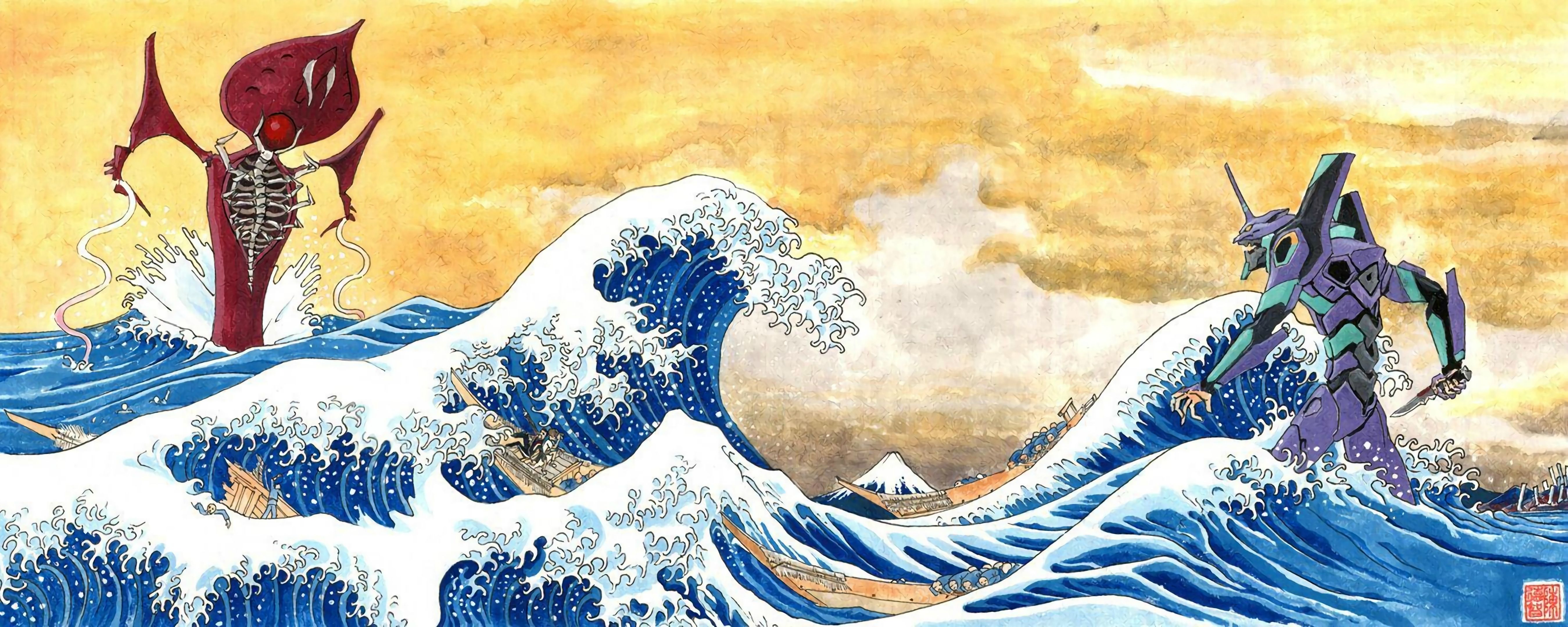 5397x2160 I Super Scaled That Great Wave Off Kanagawa Meets Evangelion Art - Large Wave Painting
