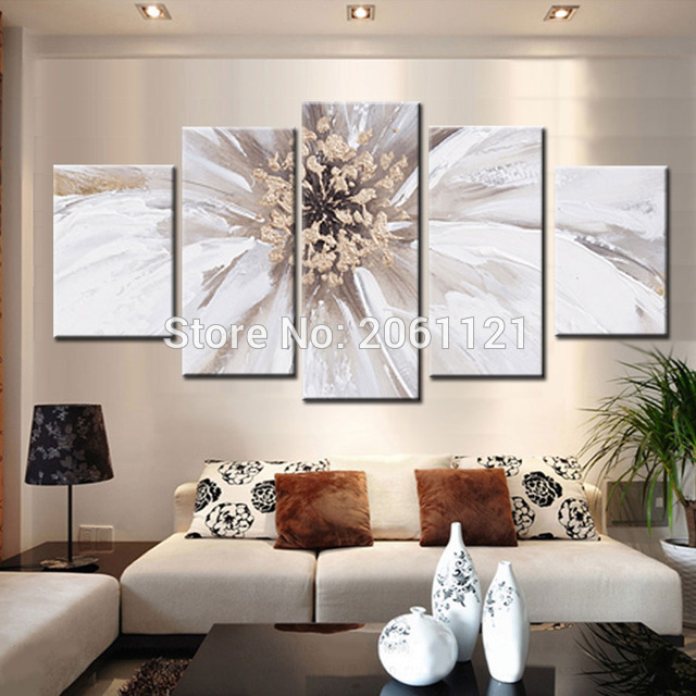 640x640 Hand Drawing 5 Piece Modern Abstract Artwork Huge Large White - Large White Flower Painting