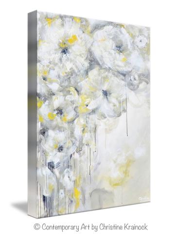 360x480 Fine Art Yellow Grey Abstract Painting White Flowers Canvas Art - Large White Flower Painting