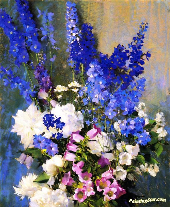 594x720 Larkspur, Peonies And Canterbury Bells Artwork By Laura Coombs - Larkspur Painting