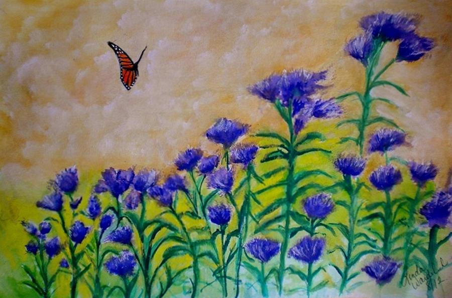 900x594 Monarch Butterfly Among Larkspur Painting By Linda Waidelich - Larkspur Painting