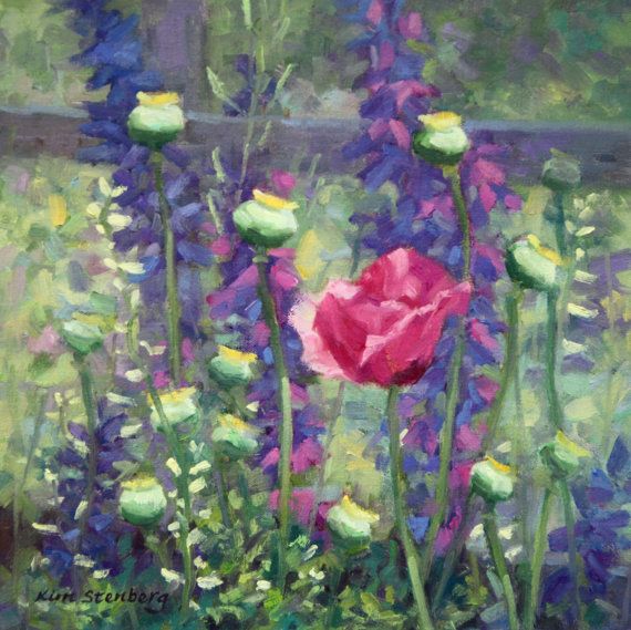 570x569 Romantic Poppy Larkspur Painting, Original Oil Floral Painting, 12 - Larkspur Painting