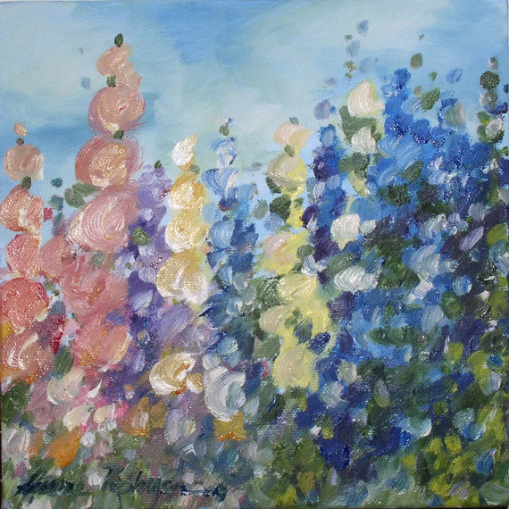 570x570 Botanical Garden Oil Painting Pink And Blue Larkspur Flower - Larkspur Painting