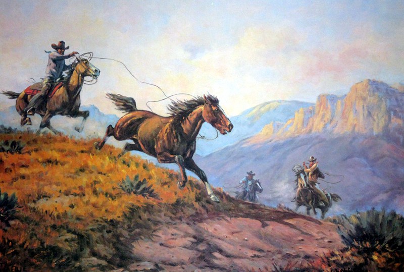 800x539 Gathering Sunday To I.d. Cowboys In Old Rodeo Pic - Larue Hell Painting