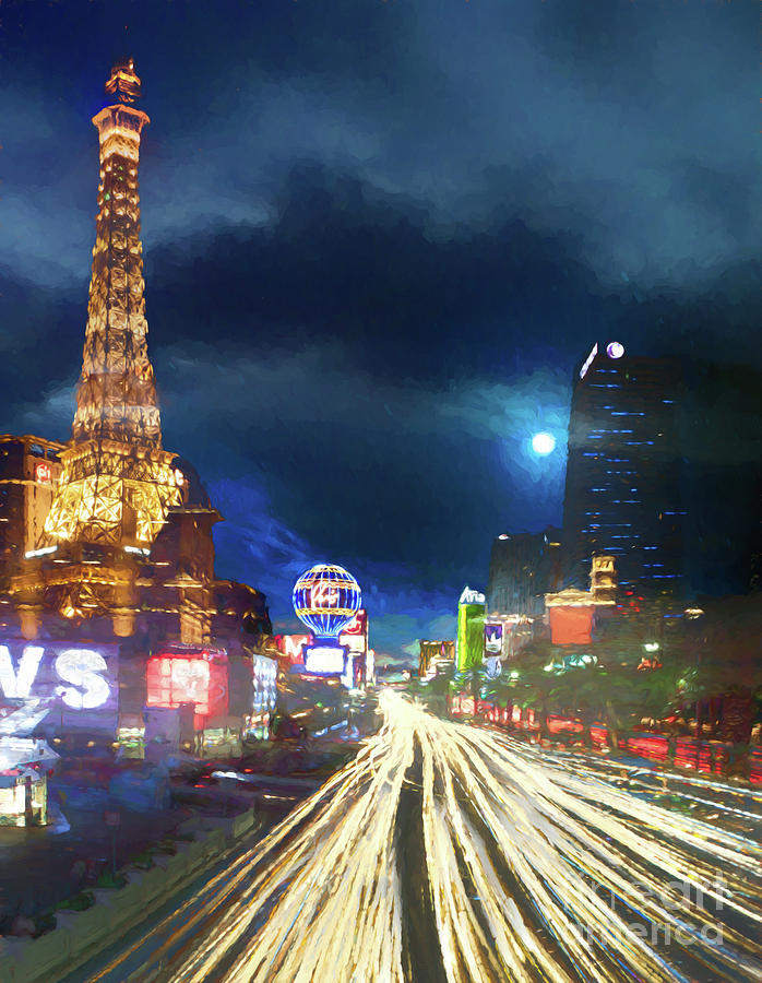 698x900 Las Vegas Strip Paris At Night Painting By Robert Gaines - Las Vegas Strip Painting