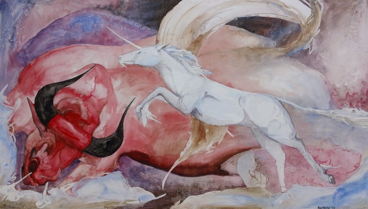 1186x674 The Last Unicorn And The Red Bull By Footinadream - Last Unicorn Painting