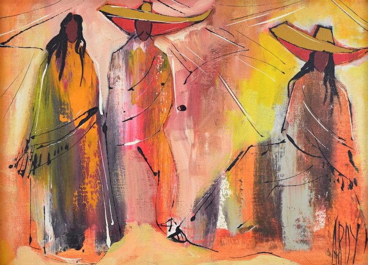 720x519 Vintage Oil Painting Latin American Peasants In Mod 1970's Fashion - Latin Painting