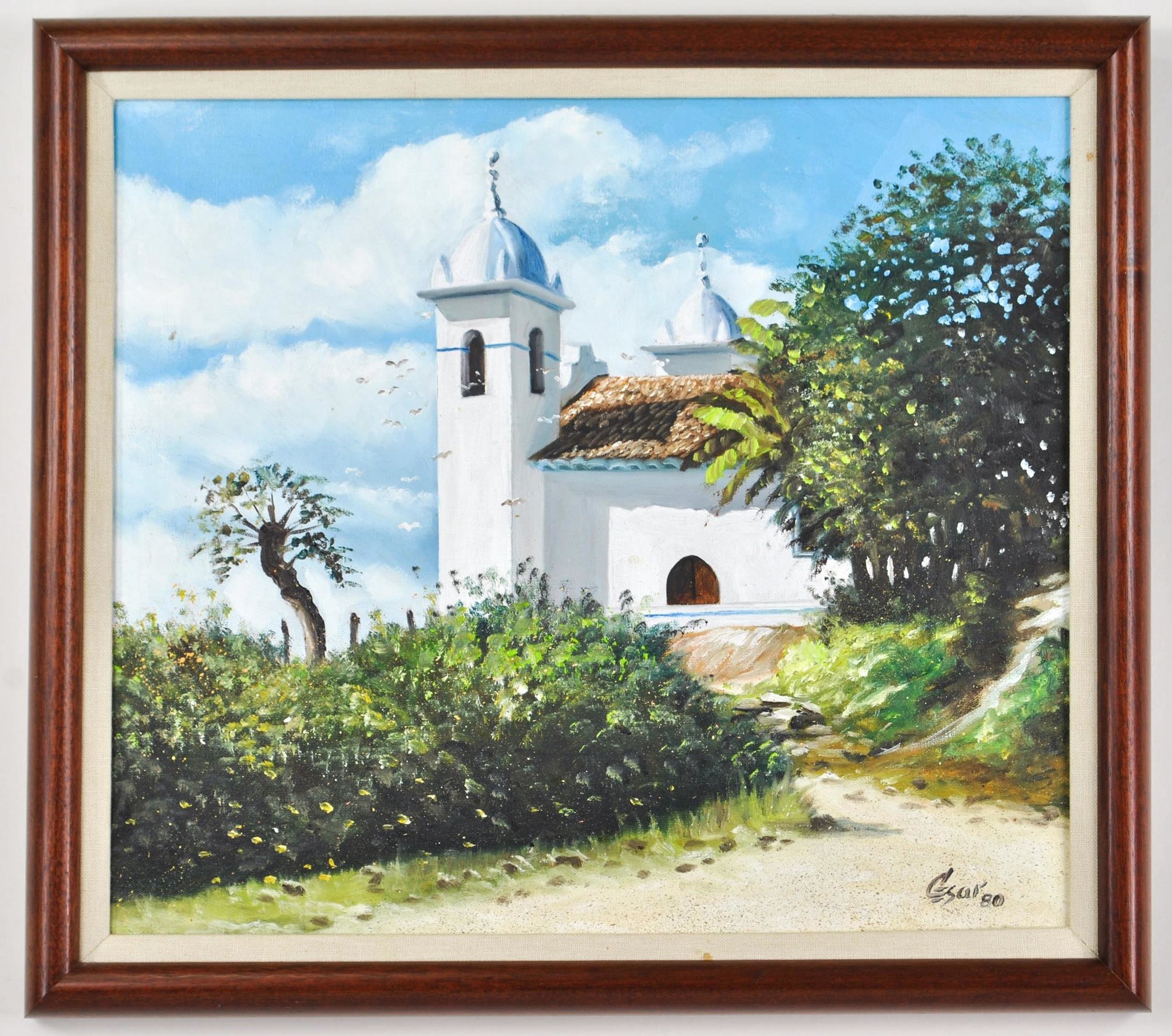 2048x1810 White Church Spain Latin America Landscape Oil Painting Signed - Latin Painting
