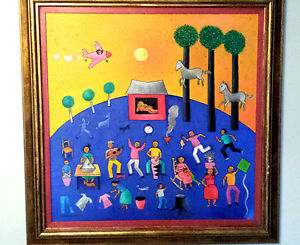 300x245 Habitantes By Morillo Original Oil Painting Signed Latin Art - Latin Painting