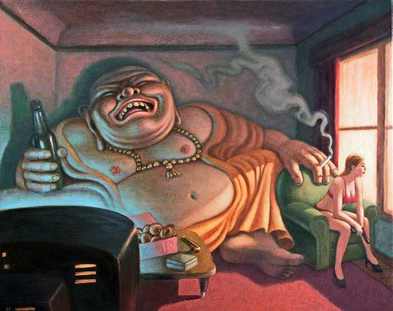 800x633 Abstract Handmade Painting Laughing Buddha And Beautiful Girl - Laughing Buddha Painting