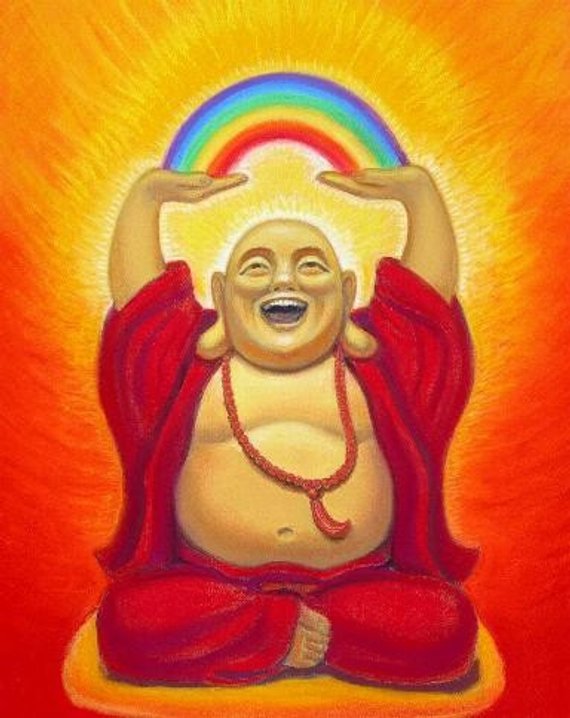 570x718 Laughing Buddha Art Spiritual Zen Buddhist Whimsical Rainbow - Laughing Buddha Painting
