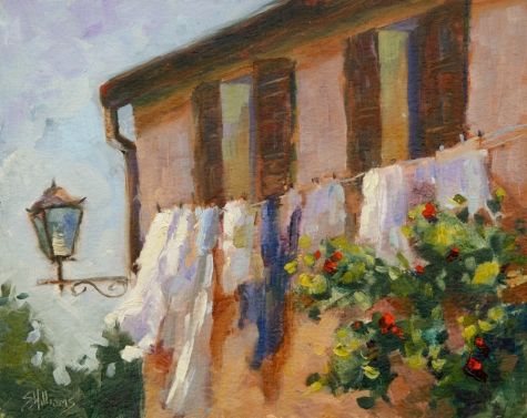 475x377 Laundry Day Pienza , Plein Air Oil Painting By Sharon Lynn - Laundry Painting