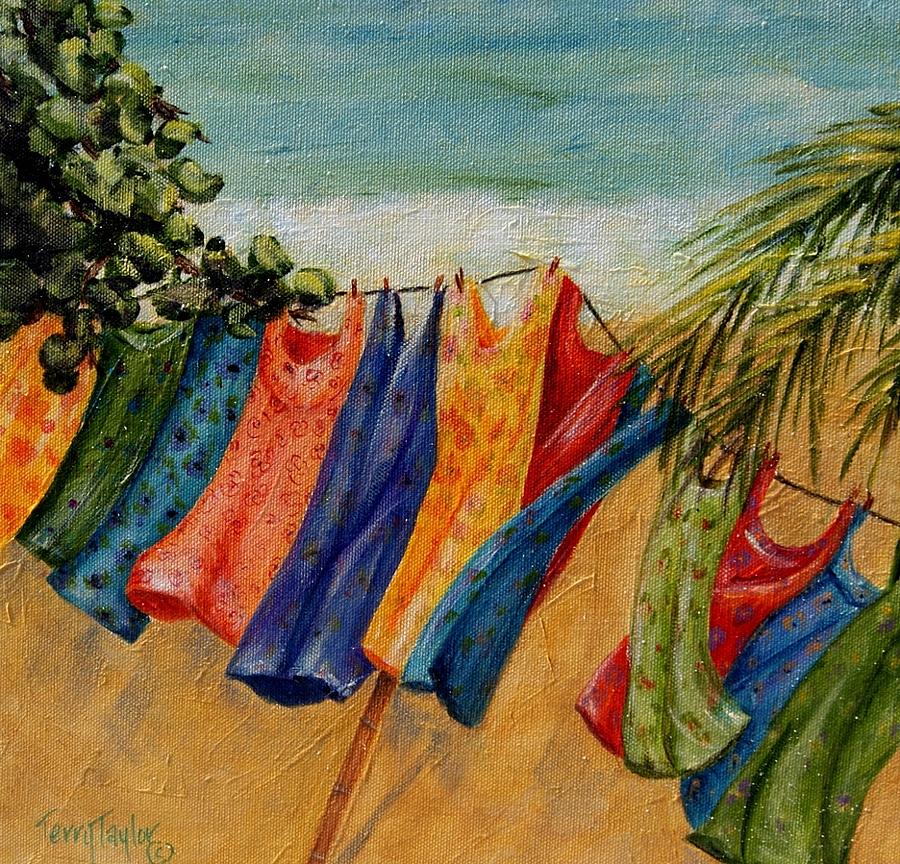 900x864 Laundry Day At The Beach Painting By Terry Taylor - Laundry Painting