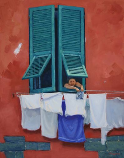 397x504 Laundry Day Cinque Terre,oil On Canvas, Italy,joseph Burrough - Laundry Painting
