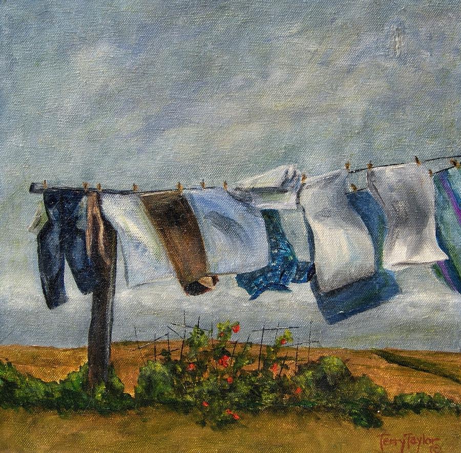 900x885 Time To Take In The Laundry Painting By Terry Taylor - Laundry Painting