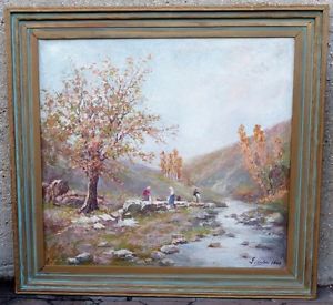 300x275 Women Laundry By River Antique Landscape Oil Painting Signed G - Laundry Painting