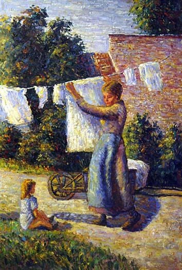 354x525 Woman Hanging Laundry Oil Painting By Pissarro - Laundry Painting