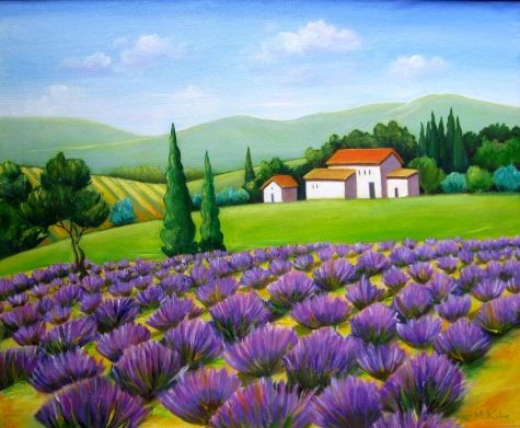 475x391 Geraniums In Clay Pot, Painting By Artist Justin Clements - Lavender Field Oil Painting