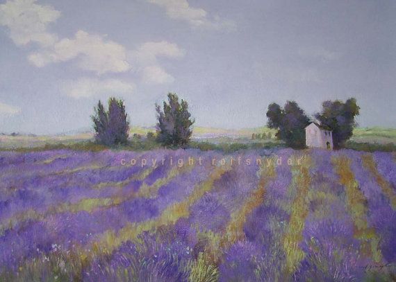 570x407 Lavender Fields Print French Country, Flowers In Landscape, House - Lavender Field Painting