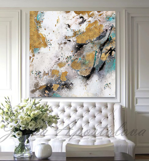 487x524 Gold Leaf Painting Black White Gold Art Abstract Print - Leaf Painting Art