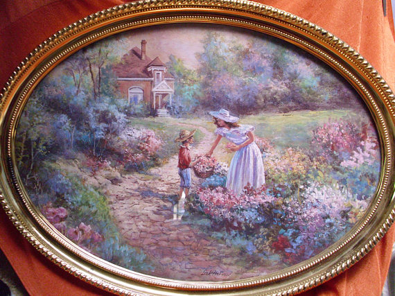 570x427 Old Oval Lee K Parkinson Print Lady Amp Boy Gathering Flowers - Lee K Parkinson Painting